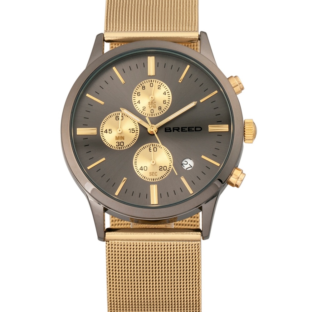 Gold Mesh Band Bracelet Watch w/Day and Date